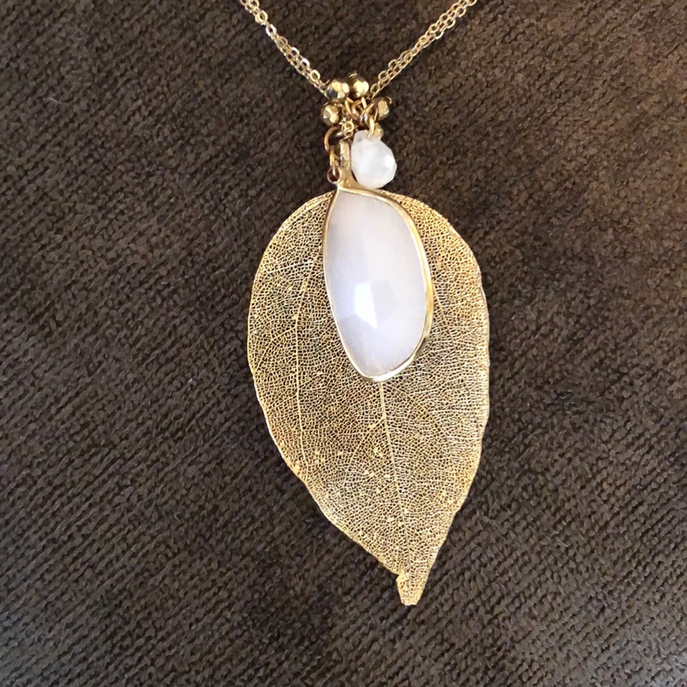 31" LONG NECKLACE Golden Bohemian Leaf Rose Quartz